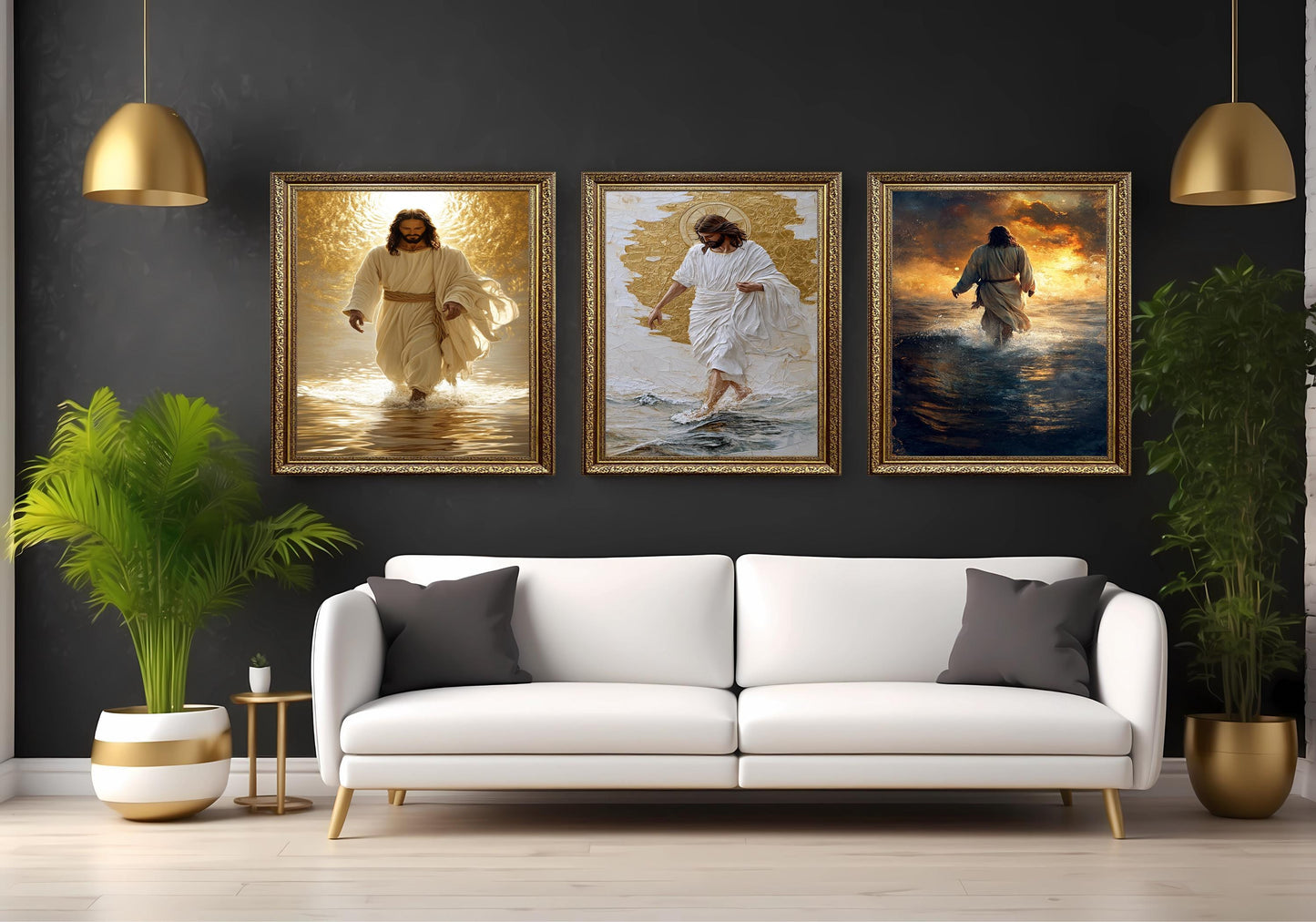 Jesus Christ Walking on Water Canvas Print - Golden Halo Sunset Ocean Scene