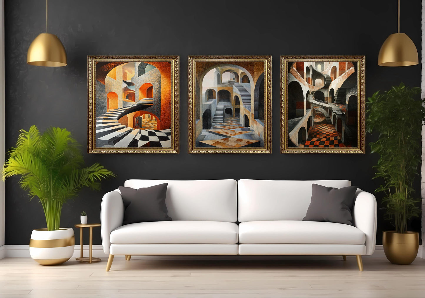 Optical Illusion Staircase Canvas Art: Surreal Geometric Print Set