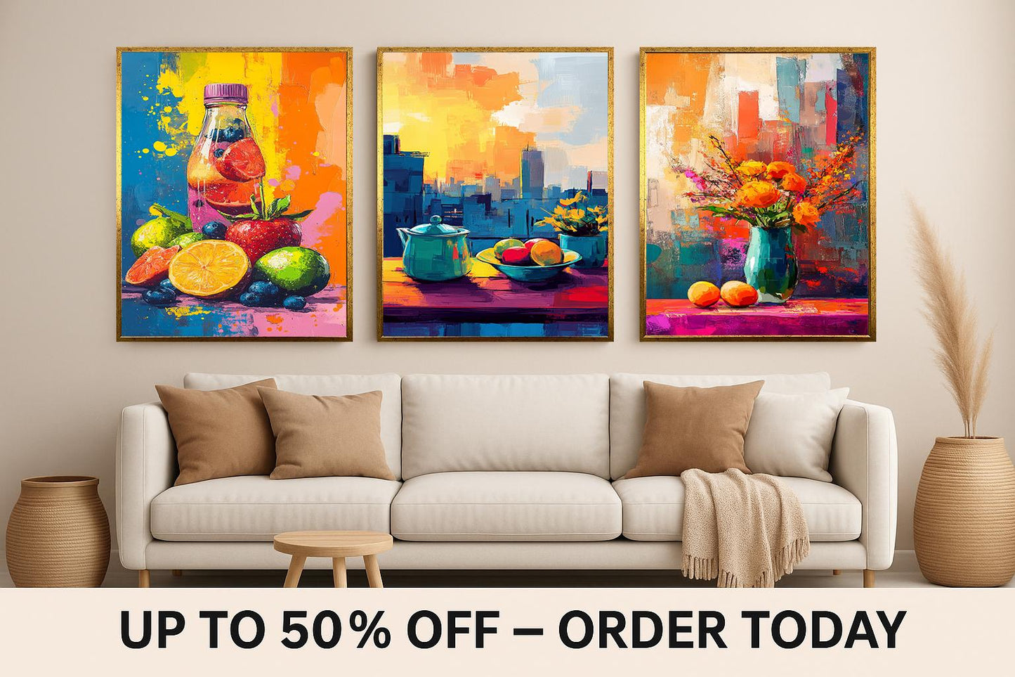 Modern Kitchen Canvas Art Prints: Still Life Fruit Bowl, Floral Vase