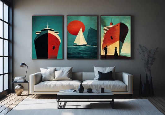 Nautical Ship Canvas Art Set: Retro Ocean Travel Posters, Coastal Home Decor