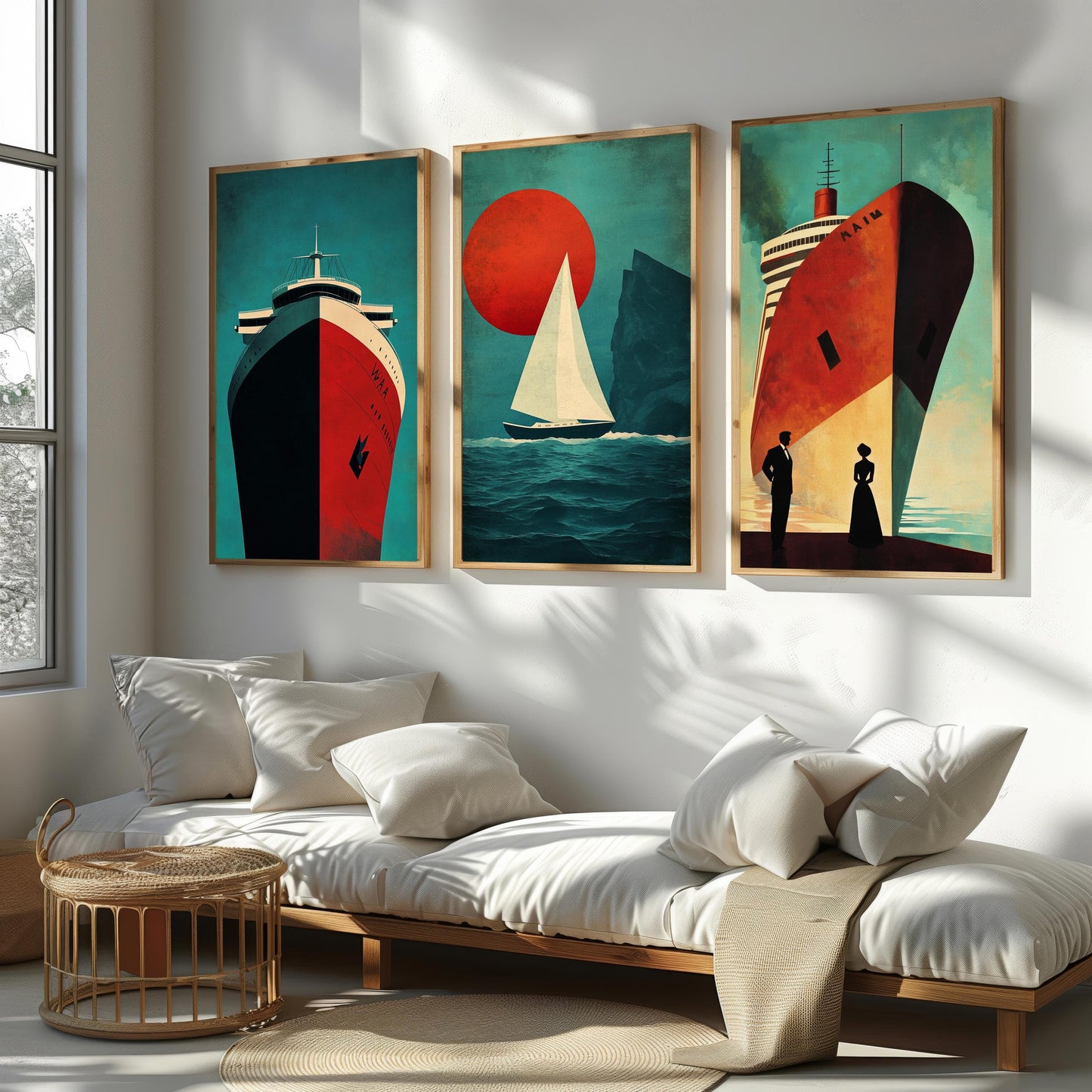 Nautical Ship Canvas Art Set: Retro Ocean Travel Posters, Coastal Home Decor