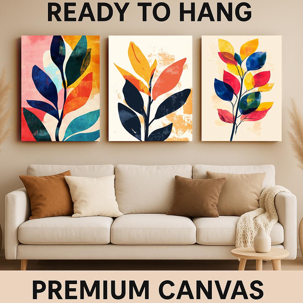 Abstract Botanical Leaf Prints: Modern Colorful Wall Art, Set of 3