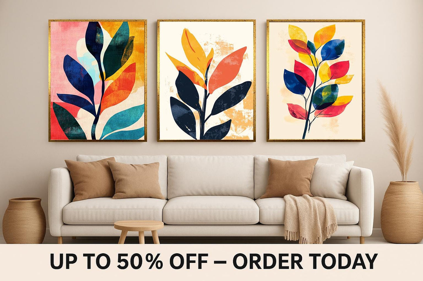 Abstract Botanical Leaf Prints: Modern Colorful Wall Art, Set of 3