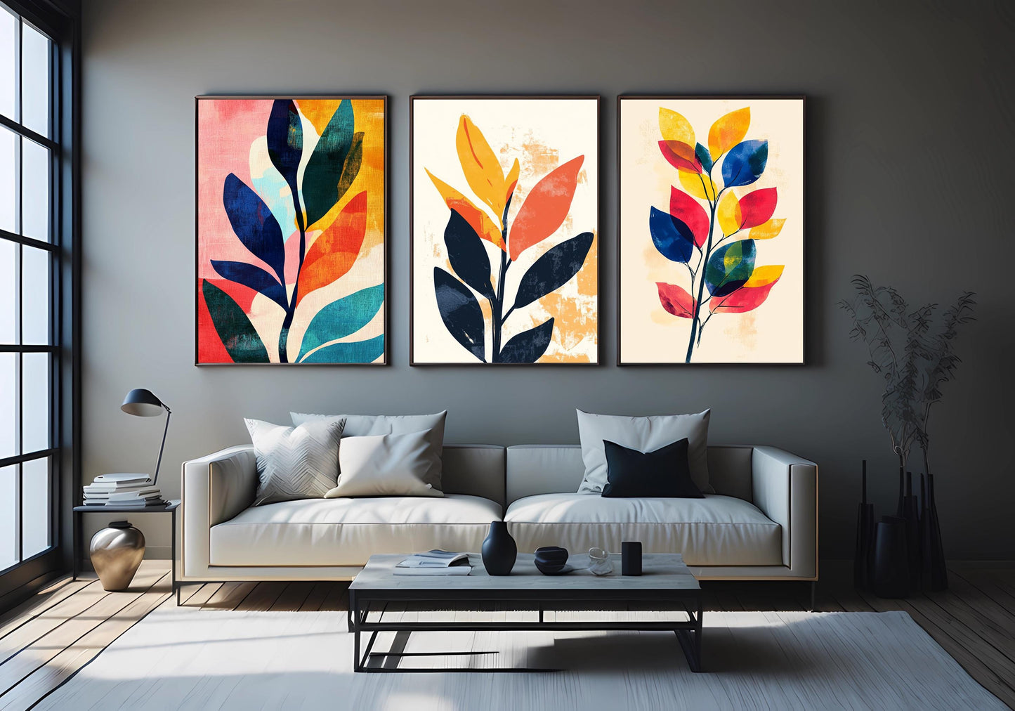 Abstract Botanical Leaf Prints: Modern Colorful Wall Art, Set of 3