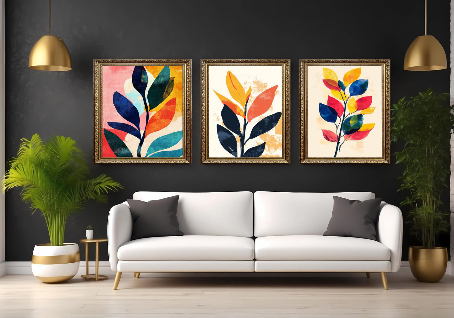 Abstract Botanical Leaf Prints: Modern Colorful Wall Art, Set of 3