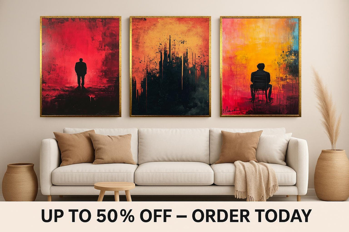 Abstract Silhouette Canvas Print Set: Modern Red Yellow Black Wall Art