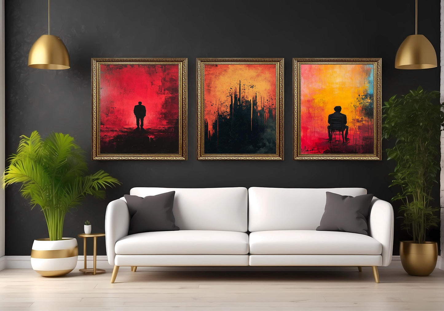Abstract Silhouette Canvas Print Set: Modern Red Yellow Black Wall Art