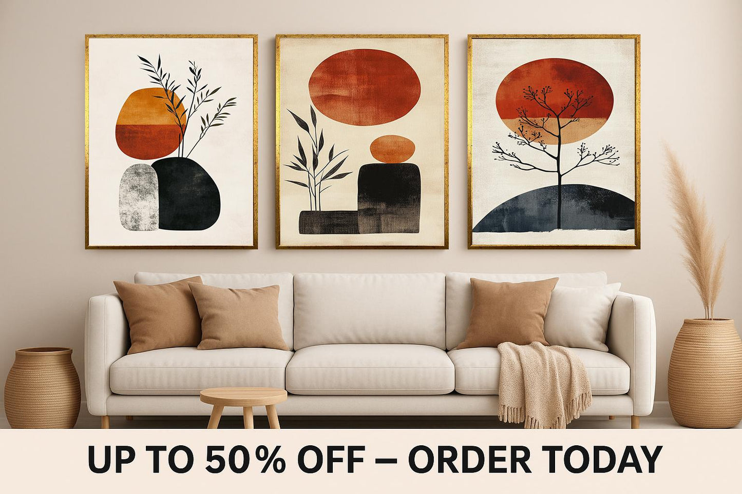 Boho Abstract Art Prints: Mid Century Modern Sun & Plant Shapes