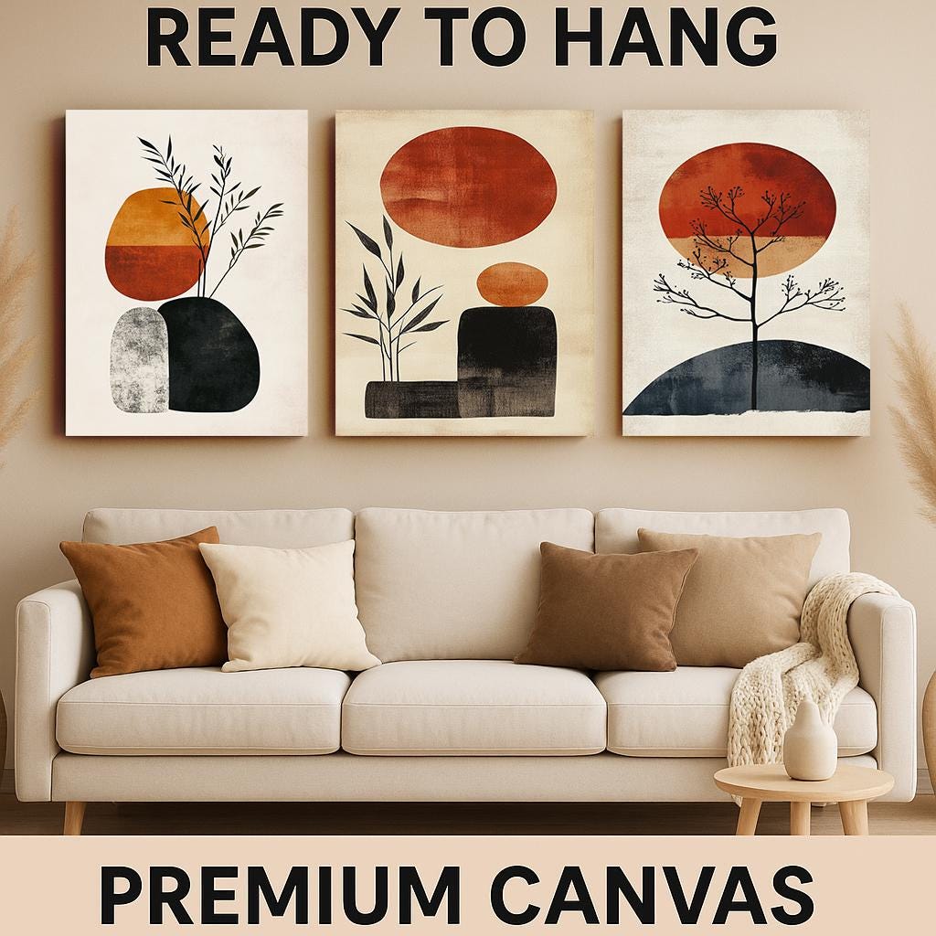 Boho Abstract Art Prints: Mid Century Modern Sun & Plant Shapes