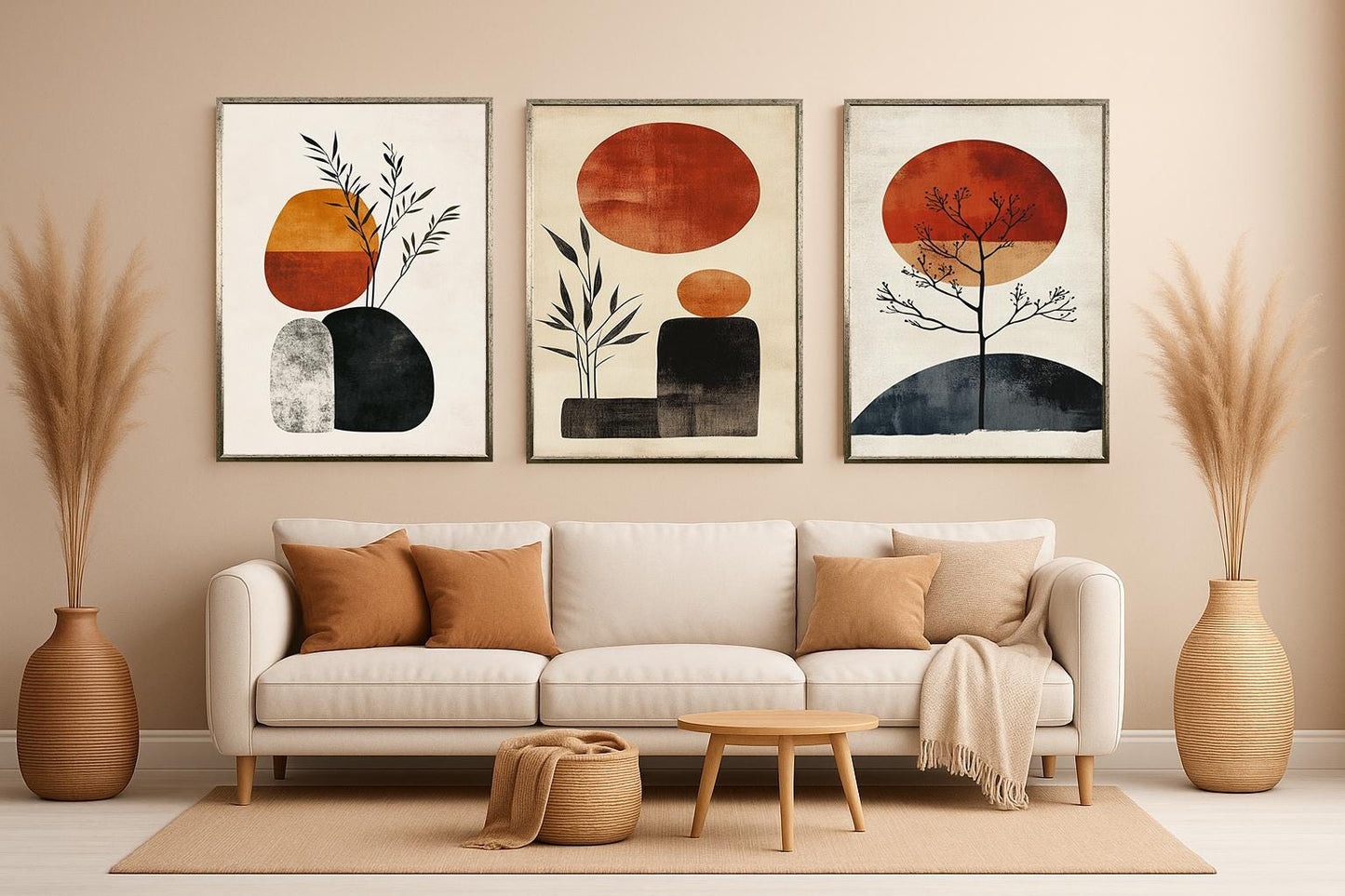 Boho Abstract Art Prints: Mid Century Modern Sun & Plant Shapes