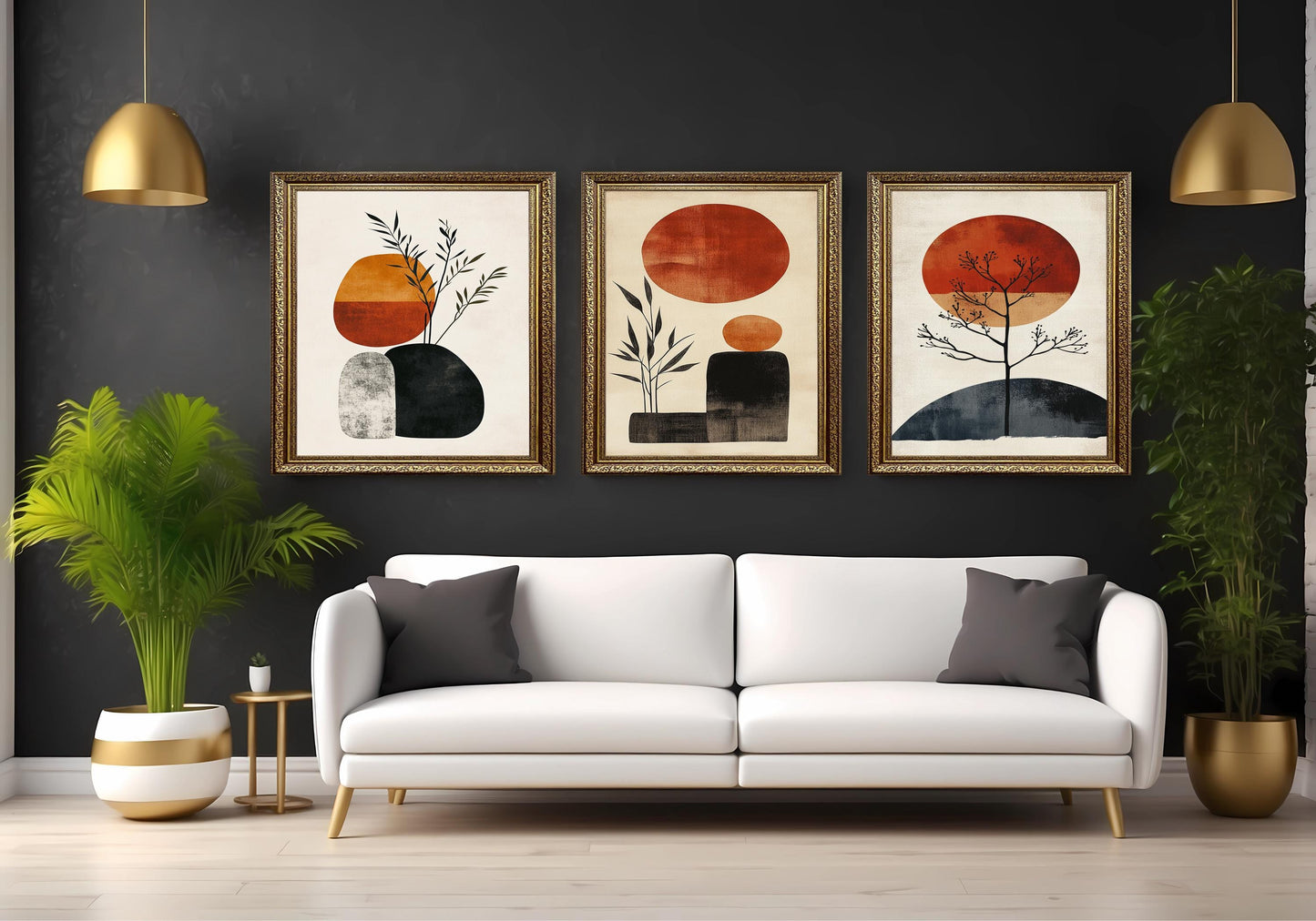 Boho Abstract Art Prints: Mid Century Modern Sun & Plant Shapes
