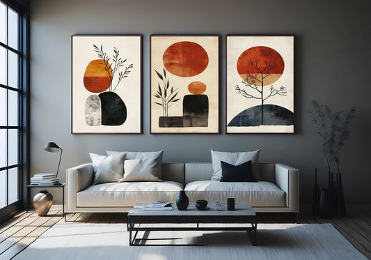 Boho Abstract Art Prints: Mid Century Modern Sun & Plant Shapes