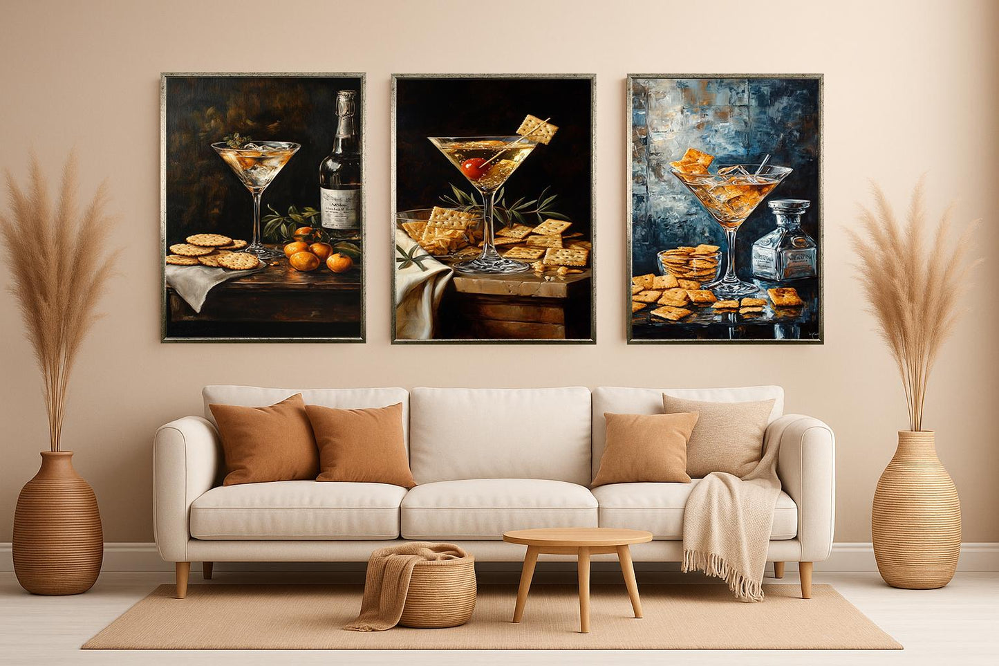 Martini & Crackers Canvas Print Set: Elegant Bar Still Life