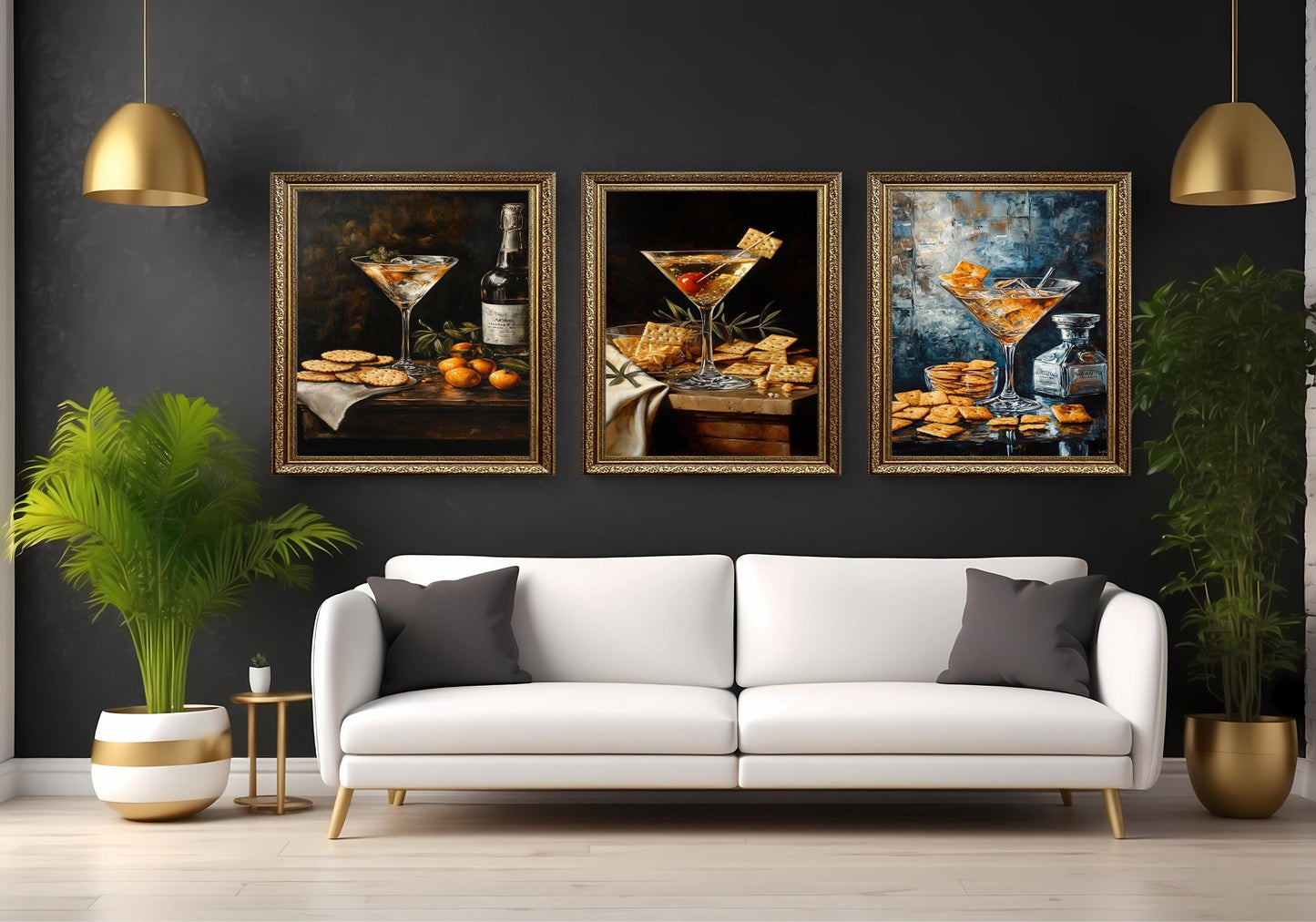 Martini & Crackers Canvas Print Set: Elegant Bar Still Life