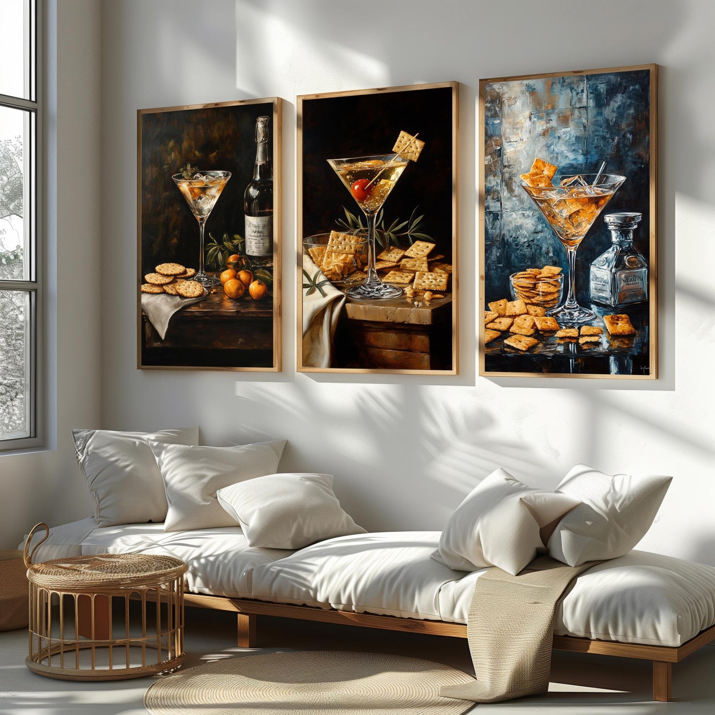 Martini & Crackers Canvas Print Set: Elegant Bar Still Life