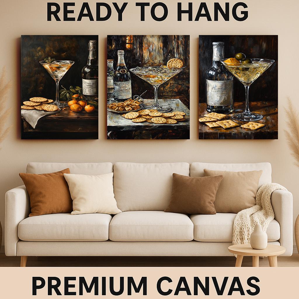 Cocktail & Snack Still Life Art Prints - Luxury Bar Decor, Set of 3