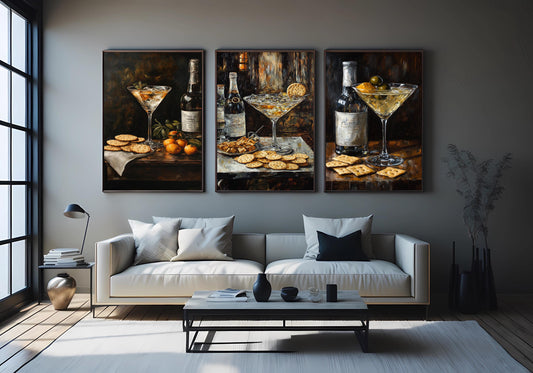 Cocktail & Snack Still Life Art Prints - Luxury Bar Decor, Set of 3