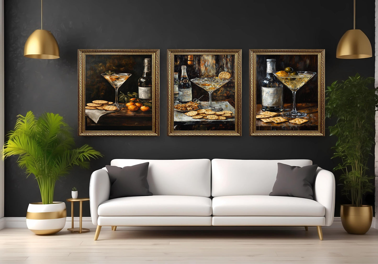 Cocktail & Snack Still Life Art Prints - Luxury Bar Decor, Set of 3