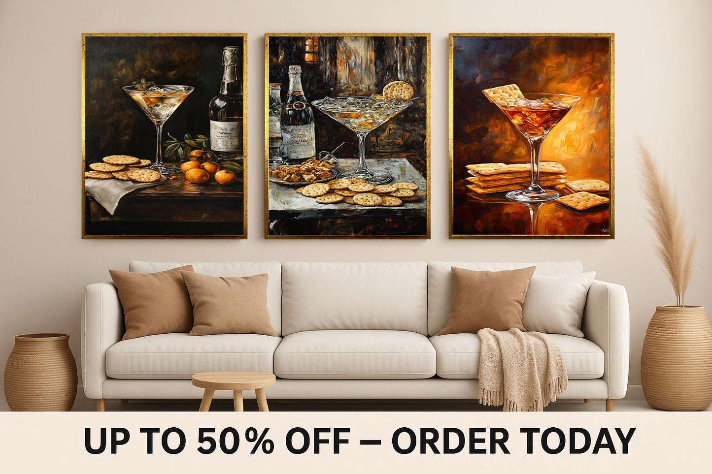 Cocktail & Cracker Still Life Art: Gourmet Bar Prints, 3 Piece Set