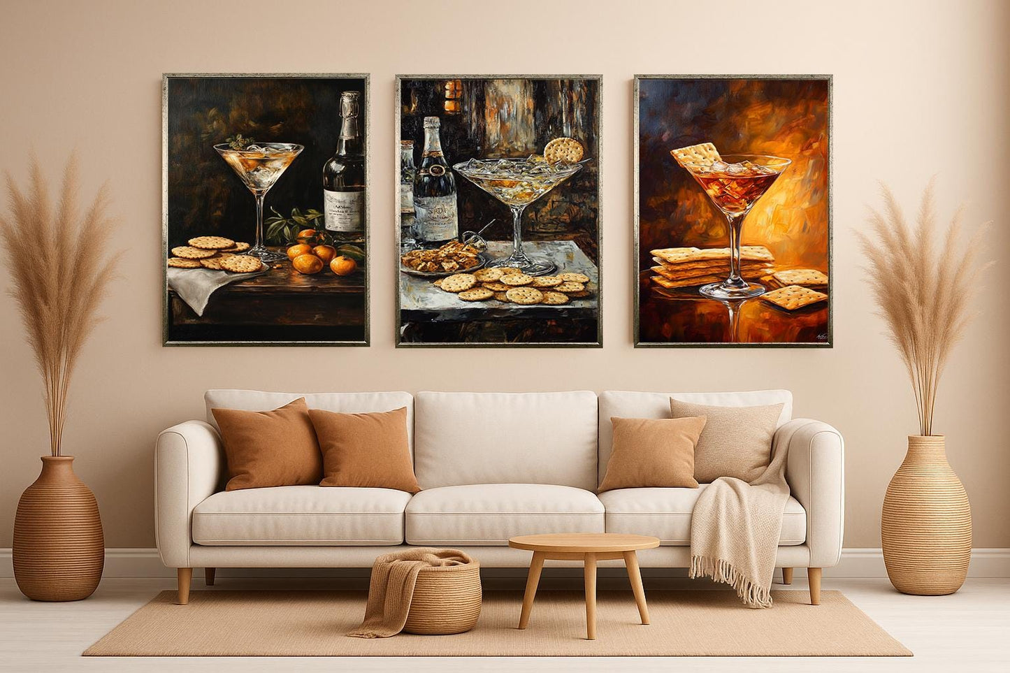 Cocktail & Cracker Still Life Art: Gourmet Bar Prints, 3 Piece Set