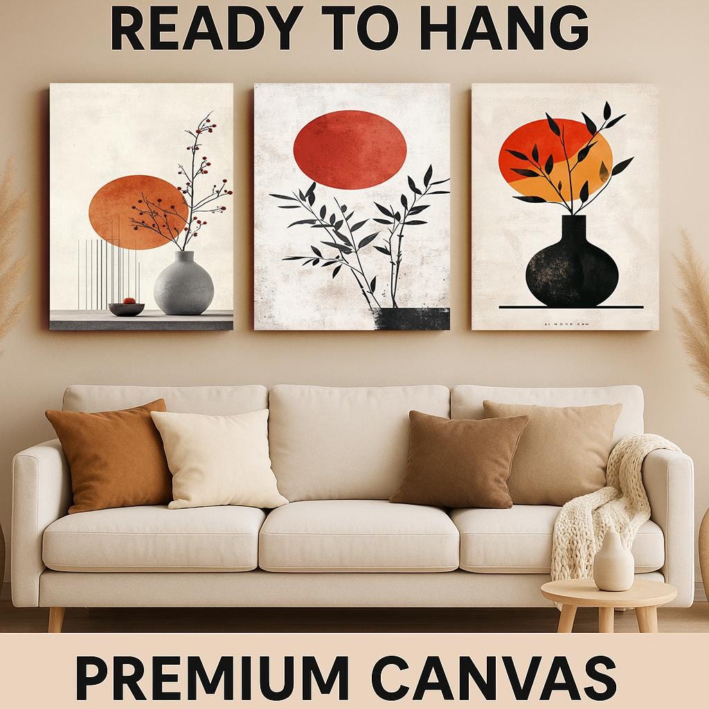 Japanese Zen Art Prints: Minimalist Sun & Plant Boho Decor Set