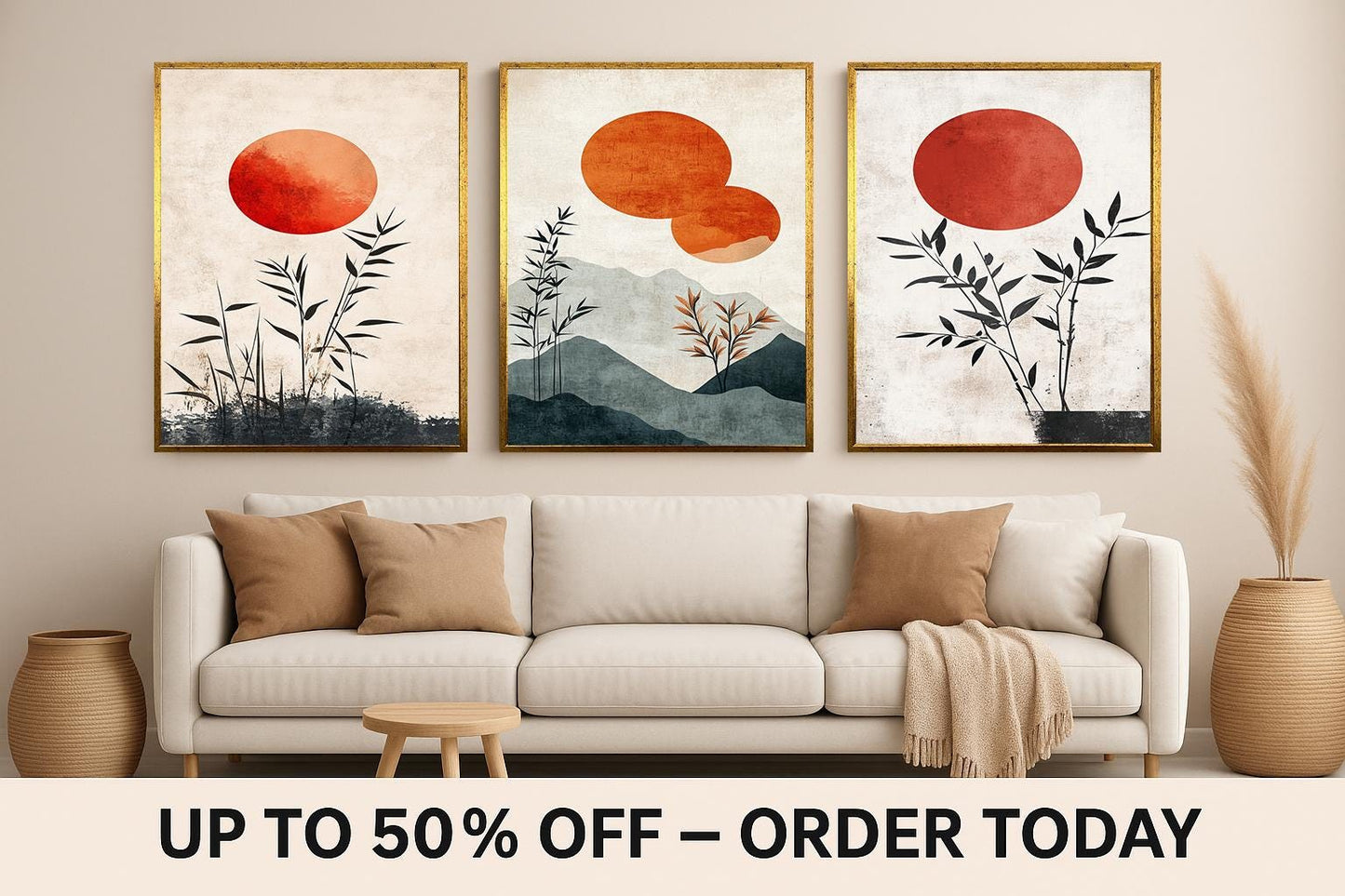 Japandi Bamboo Sunset Print Set: Minimalist Zen Wall Art