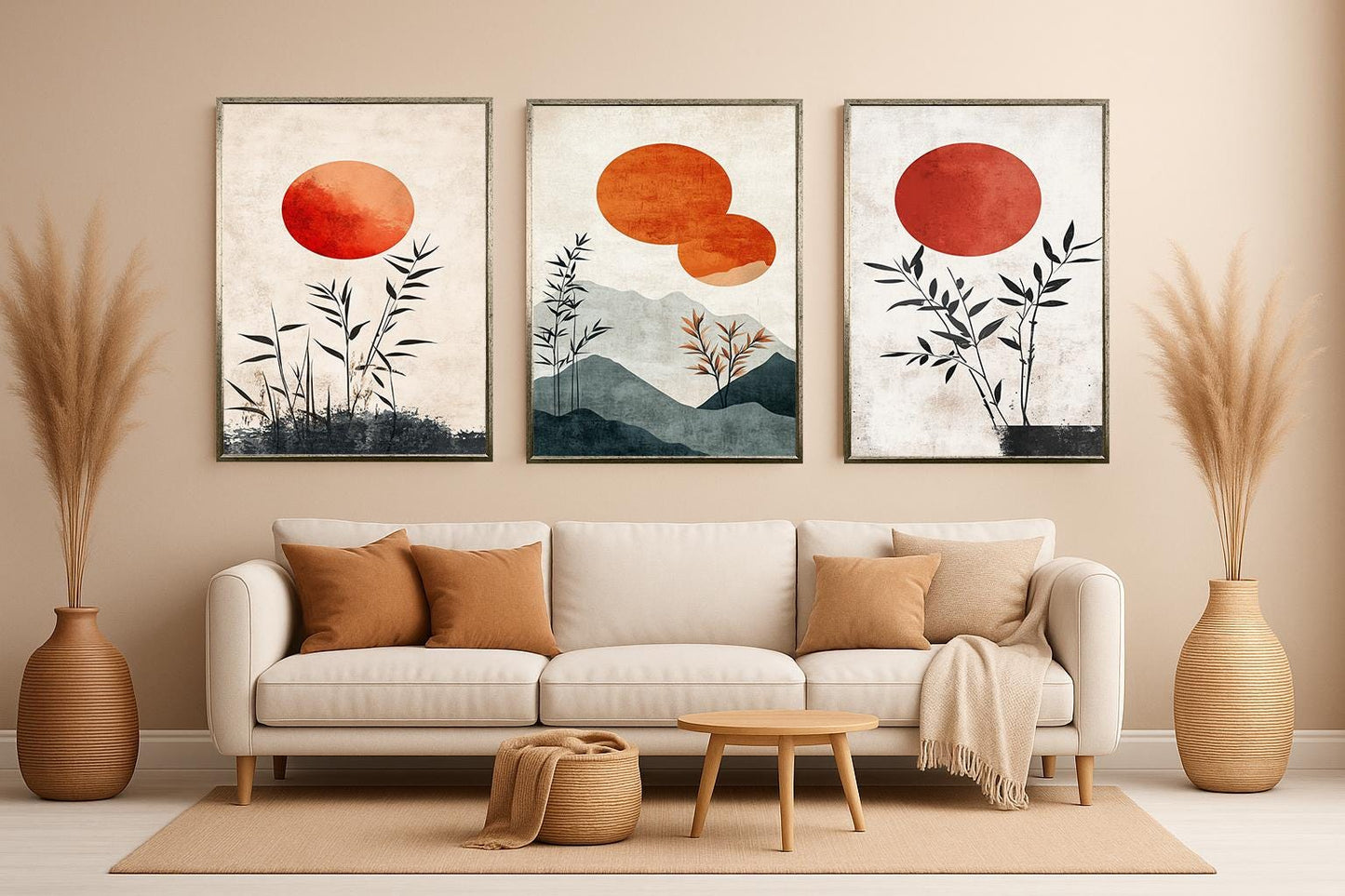 Japandi Bamboo Sunset Print Set: Minimalist Zen Wall Art