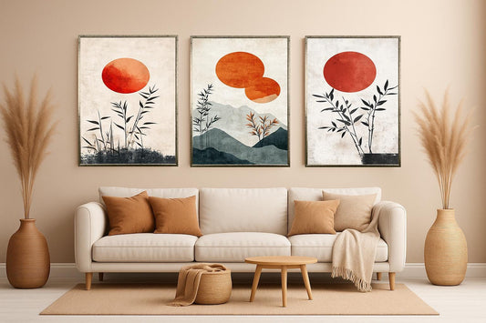 Japandi Bamboo Sunset Print Set: Minimalist Zen Wall Art