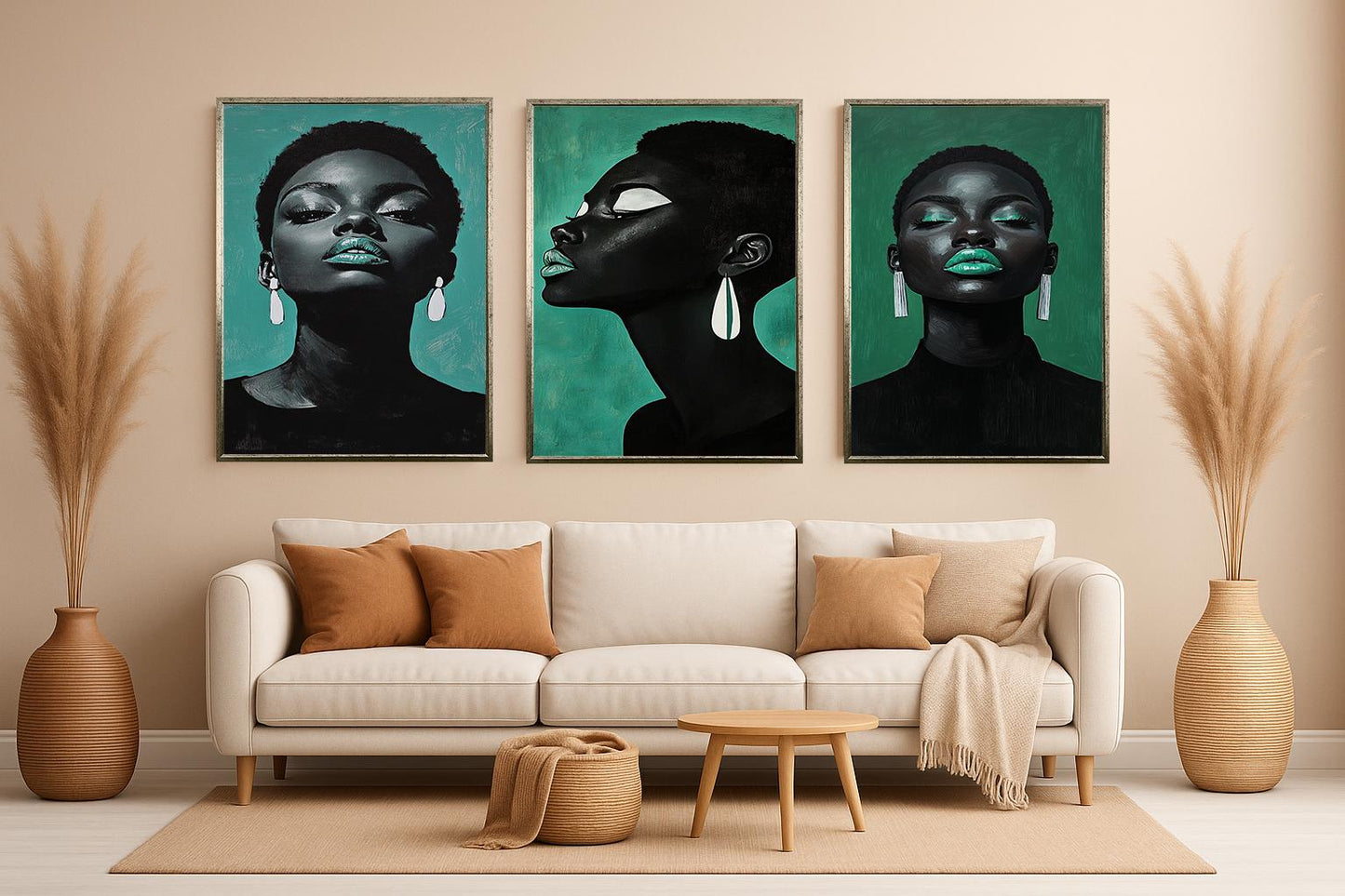 Emerald Afrocentric Woman Portrait Art Set: Bold Black Beauty Prints