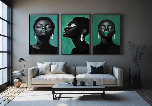 Emerald Afrocentric Woman Portrait Art Set: Bold Black Beauty Prints