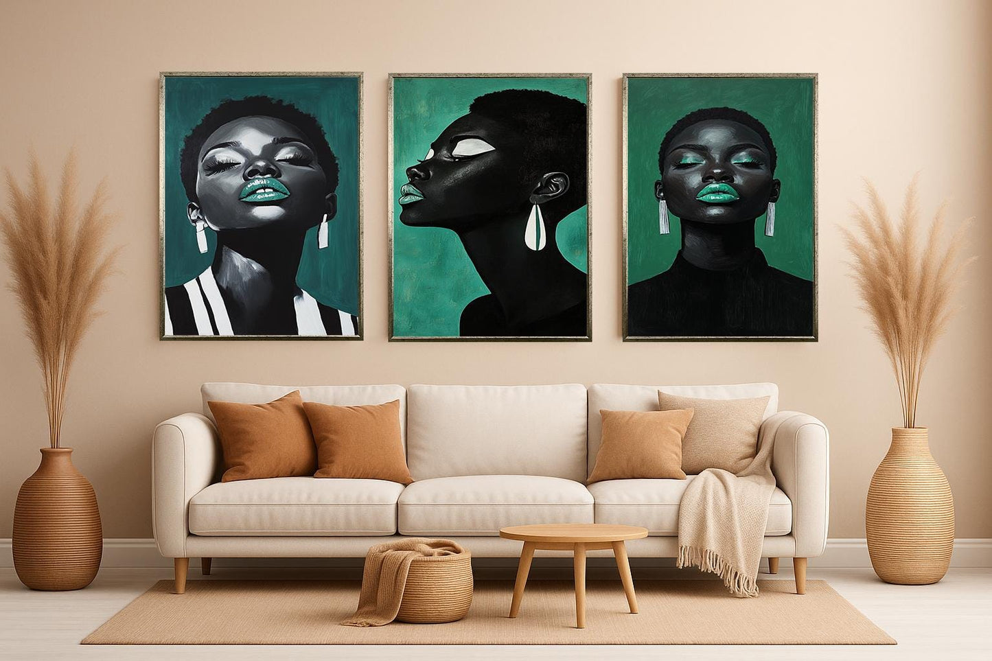 Teal Accent Black Woman Portrait Art - Modern Glam Set of 3