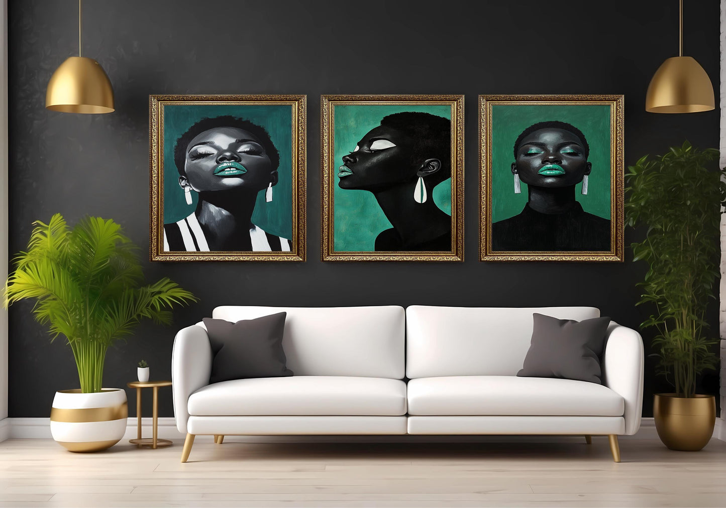 Teal Accent Black Woman Portrait Art - Modern Glam Set of 3