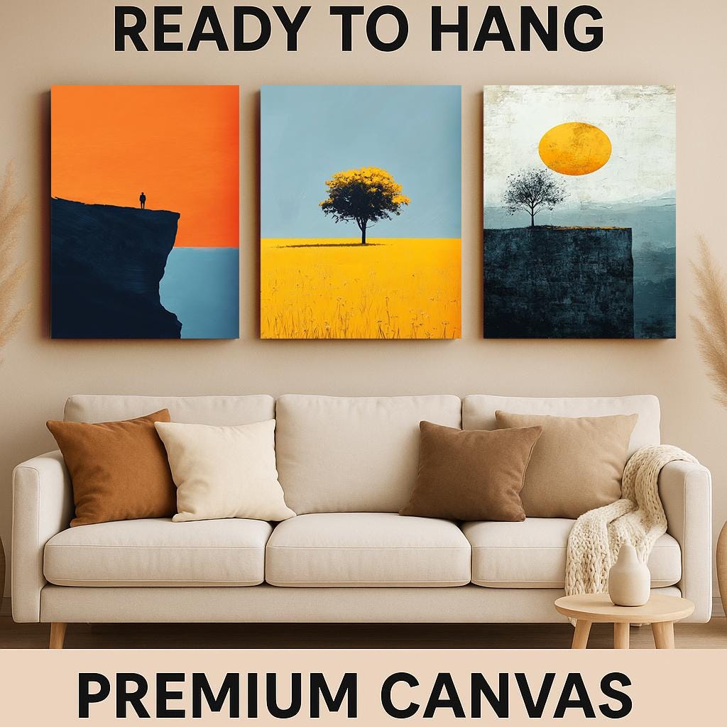 Minimalist Sunset Landscape Print Set: Tree & Cliff - Modern Nature Wall Art