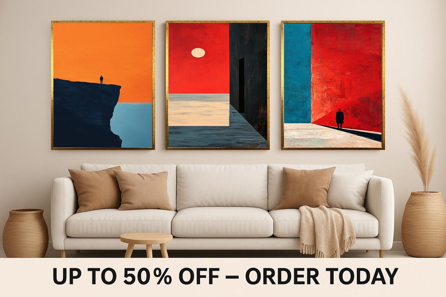 Minimalist Abstract Landscape Print Set: Red, Orange, and Blue Surreal Art