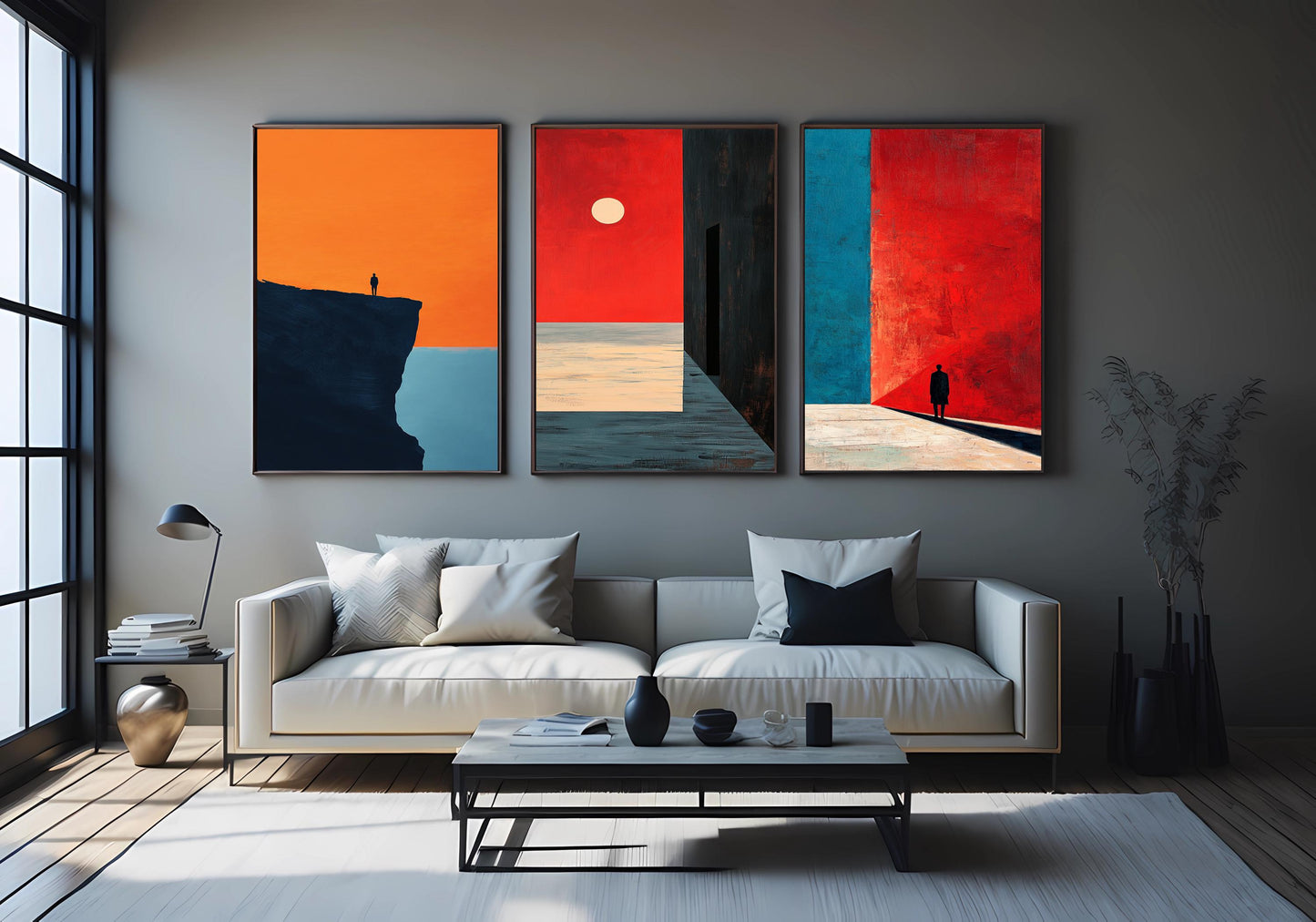 Minimalist Abstract Landscape Print Set: Red, Orange, and Blue Surreal Art