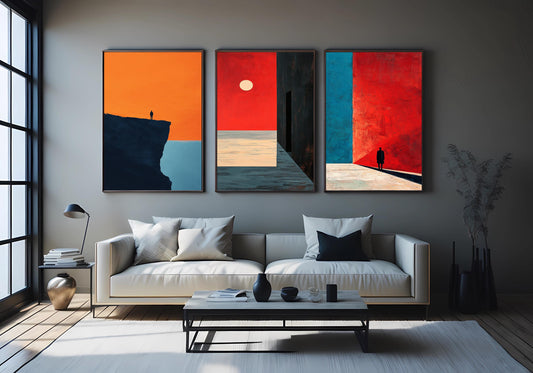 Minimalist Abstract Landscape Print Set: Red, Orange, and Blue Surreal Art