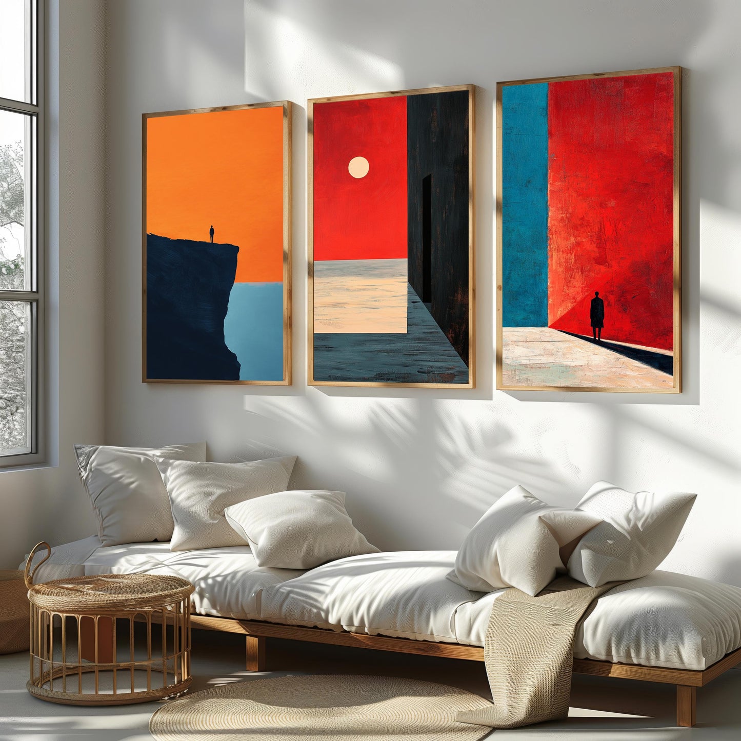 Minimalist Abstract Landscape Print Set: Red, Orange, and Blue Surreal Art