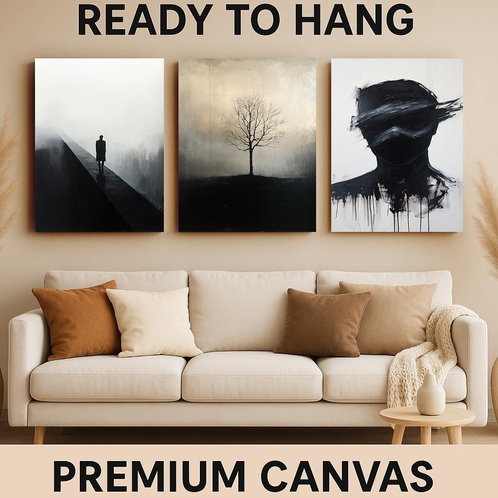 Minimalist Black and White Art Set: Tree, Face, Figure - Modern Surreal Home Decor