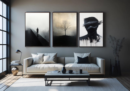 Minimalist Black and White Art Set: Tree, Face, Figure - Modern Surreal Home Decor