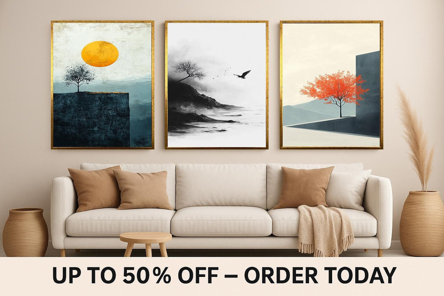 Cliffside Trees Canvas Print Set: Modern Nature Wall Art