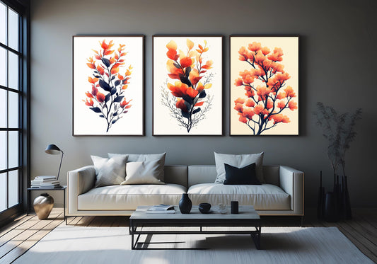 Watercolor Autumn Botanical Print Set: Orange Leaf Wall Art