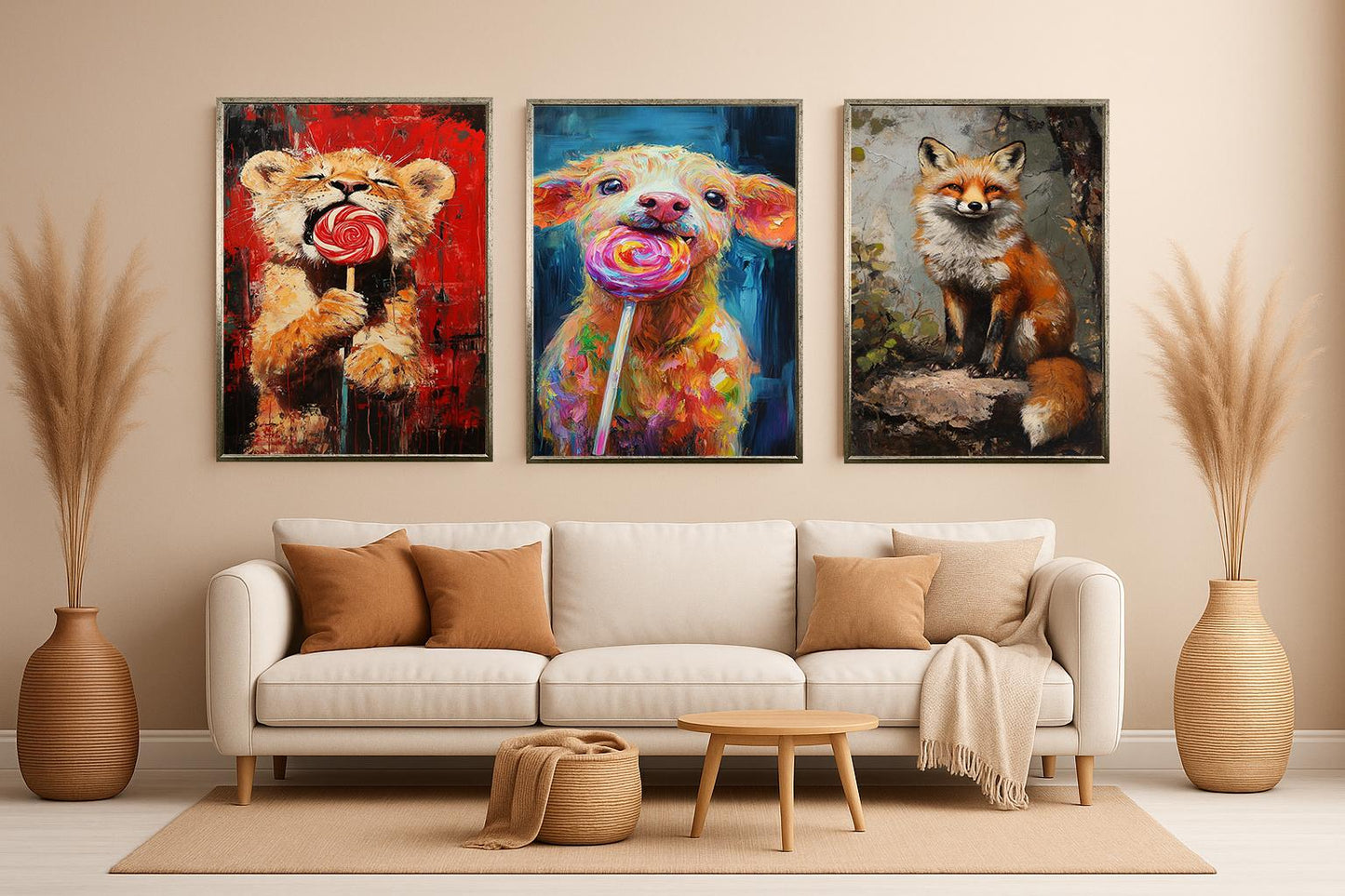 Whimsical Animal Prints Set: Fox, Lion, Puppy - Playful Nursery Decor