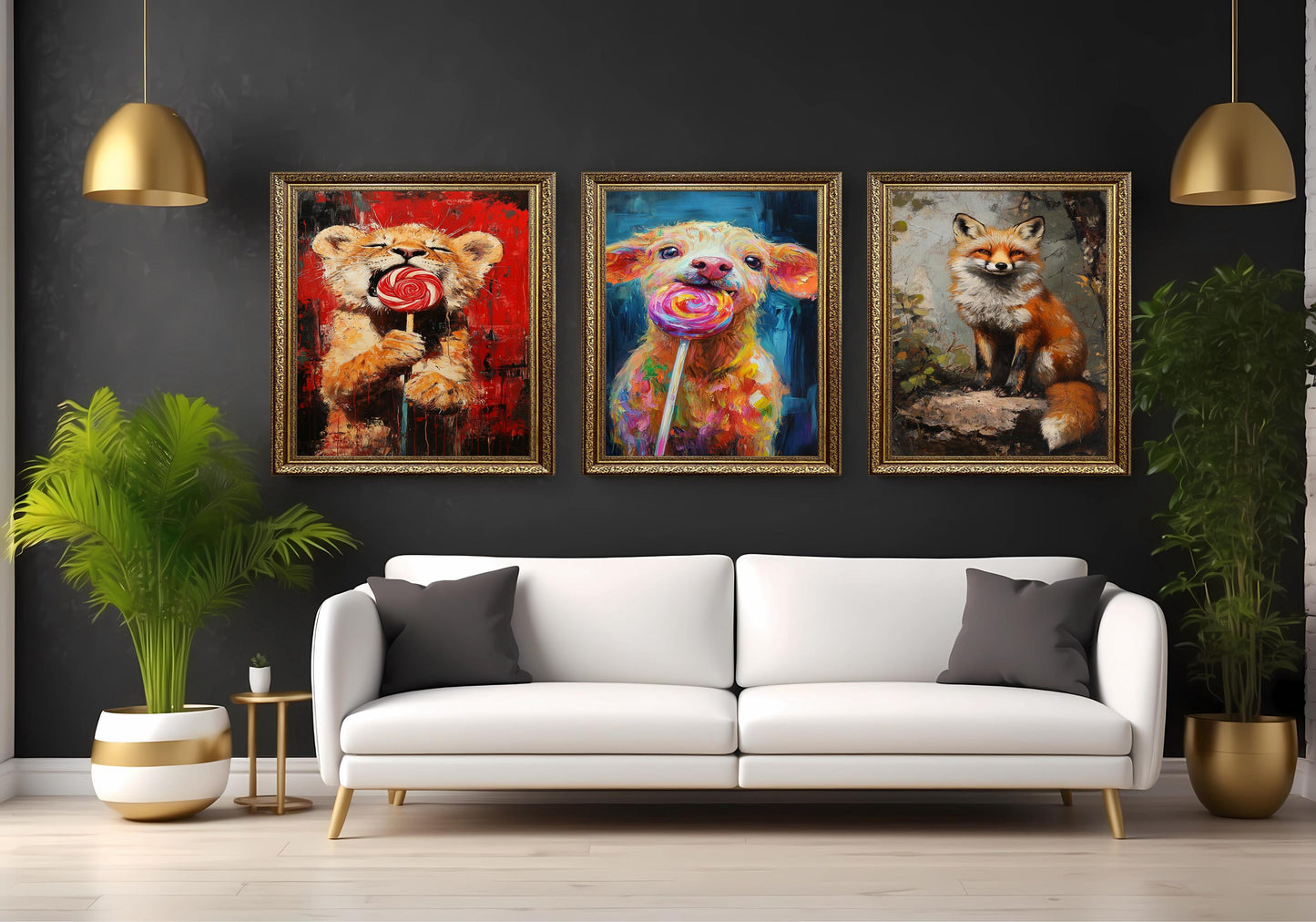 Whimsical Animal Prints Set: Fox, Lion, Puppy - Playful Nursery Decor