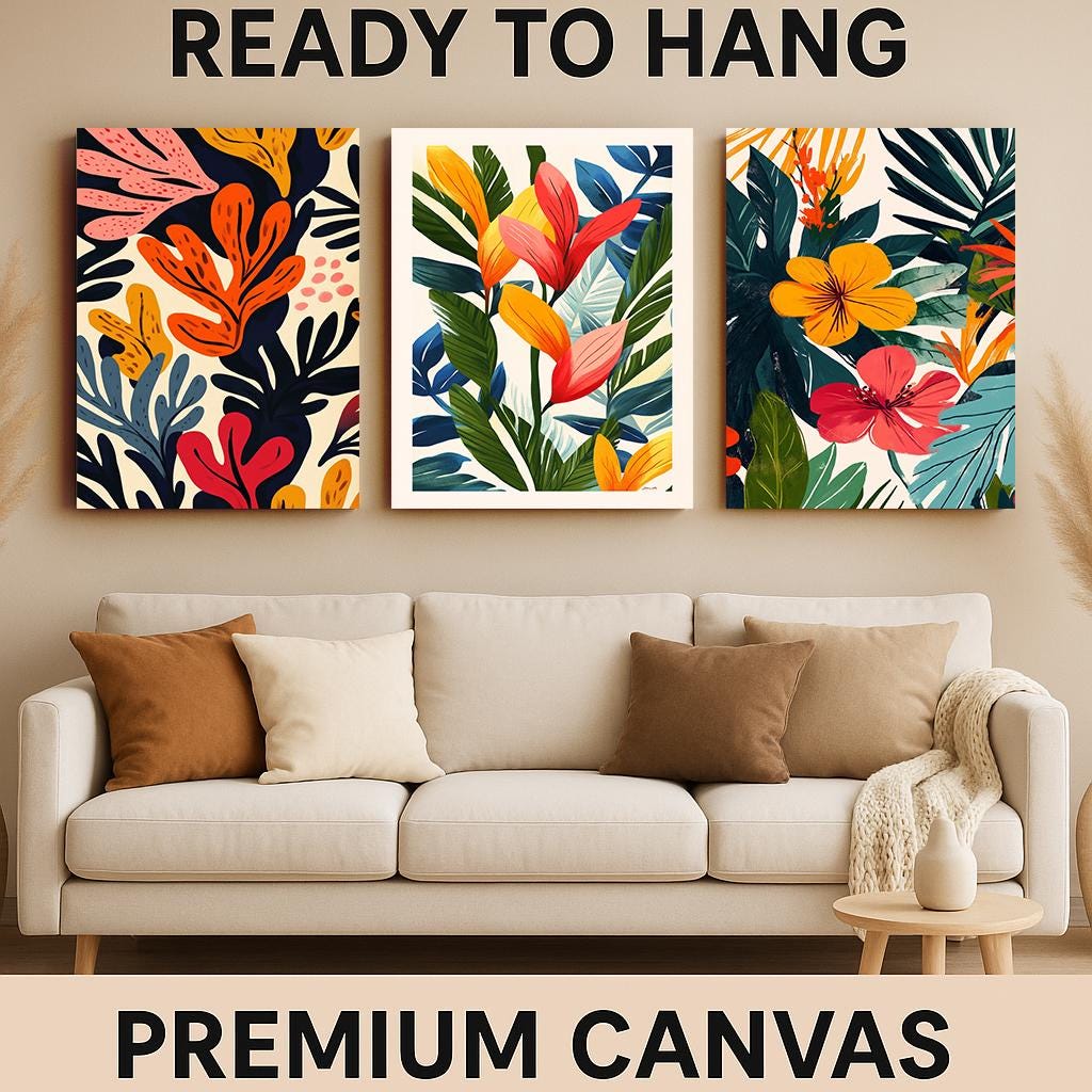 Tropical Botanical Canvas Print Set: Modern Floral Wall Art