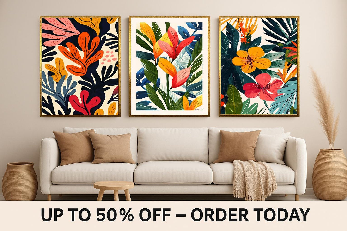 Tropical Botanical Canvas Print Set: Modern Floral Wall Art