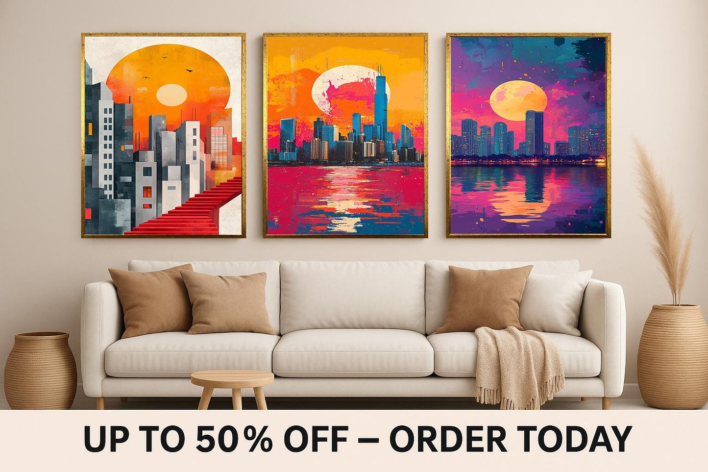 Sunset Cityscape Canvas Print Set: Modern Abstract Architecture Wall Art