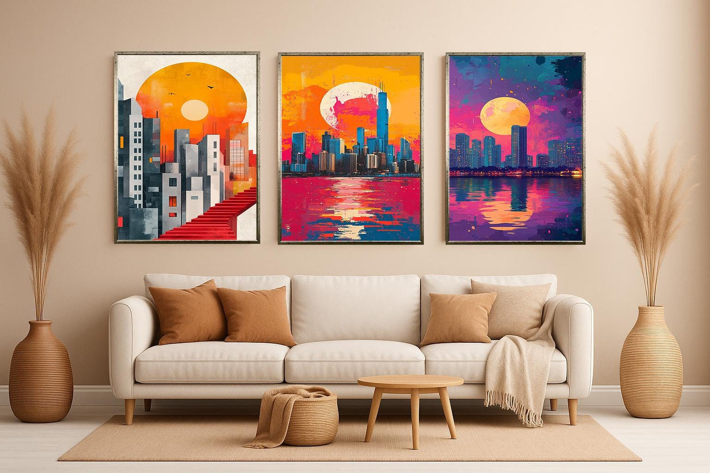 Sunset Cityscape Canvas Print Set: Modern Abstract Architecture Wall Art