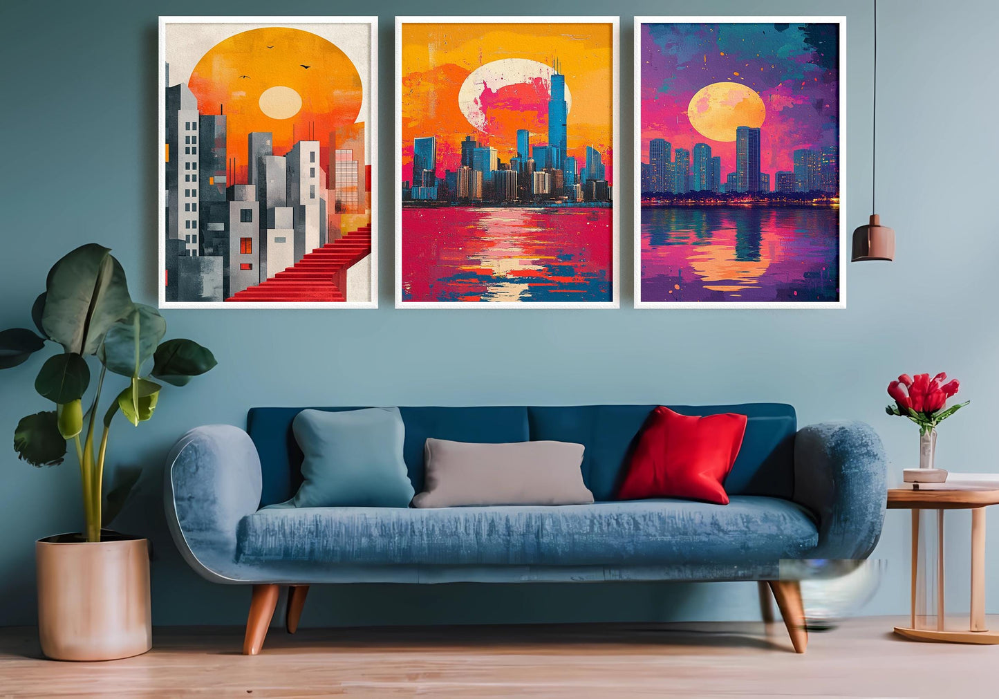 Sunset Cityscape Canvas Print Set: Modern Abstract Architecture Wall Art