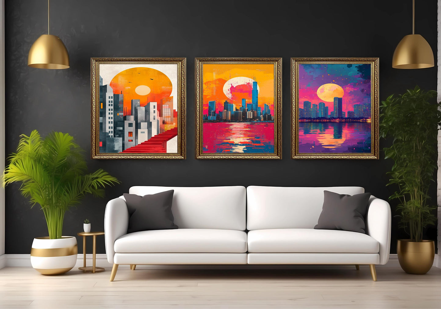 Sunset Cityscape Canvas Print Set: Modern Abstract Architecture Wall Art