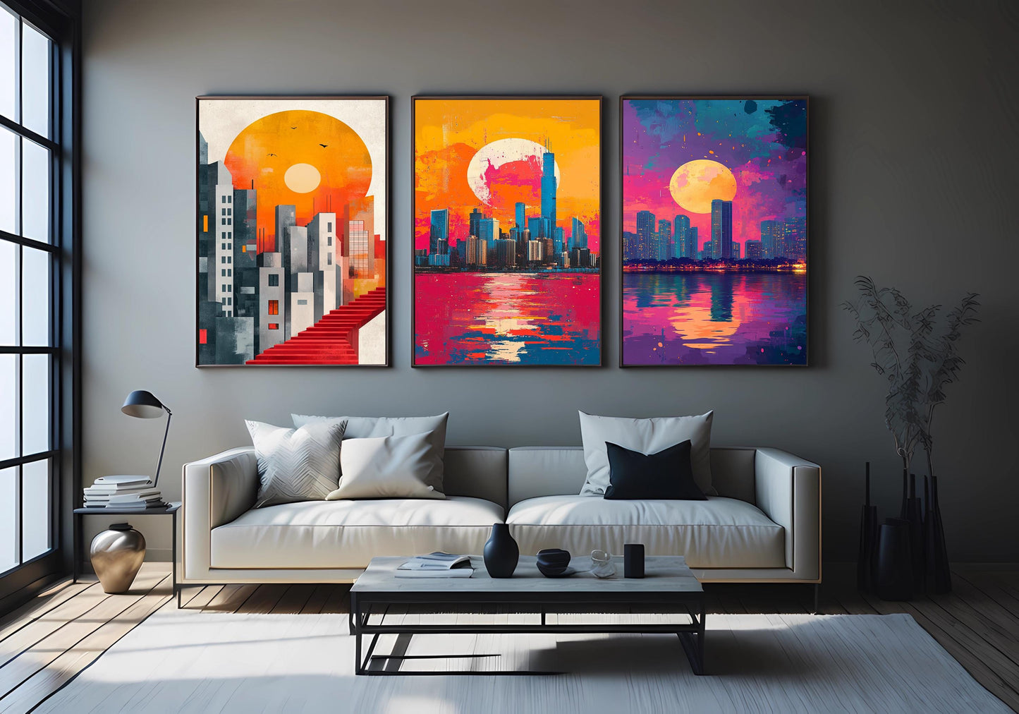 Sunset Cityscape Canvas Print Set: Modern Abstract Architecture Wall Art